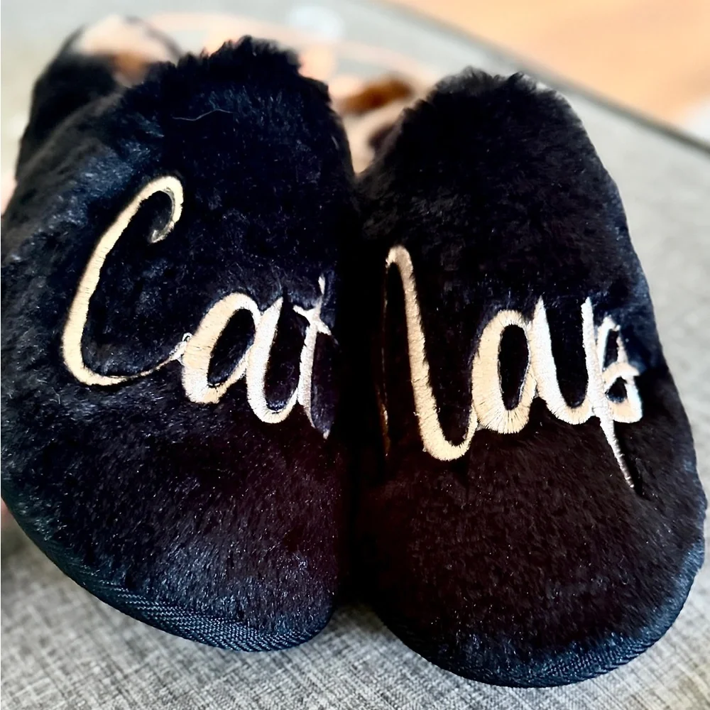 Women Slippers, New House Shoes, Black Brown Gold Embroidered Cat Nap Slippers